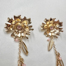 Vintage Gold Floral Drop Earrings with Pink Beads | Botanical Dangle Jewellery