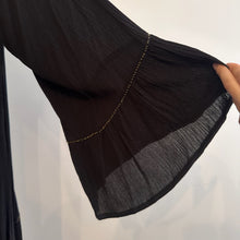 Black Pleated Open Back Tunic Dress, Gold Embellished Long Sleeve Mini Dress, Flared Sleeve Black Dress, Elegant Vintage Eveningwear