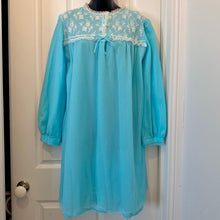 Vintage Aqua Blue Long Sleeve Granny Nightgown - White Embroidered Lace Bodice Yoke Bow Accent Sleep Dress - Fits Modern Large