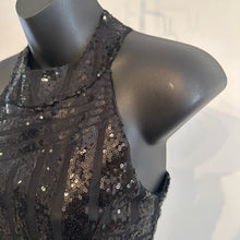 Black Sequin Halter Jumpsuit, Geometric Stripe Open Back Party Outfit (Size S)