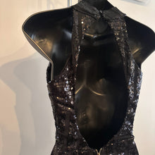 Black Sequin Halter Jumpsuit, Geometric Stripe Open Back Party Outfit (Size S)
