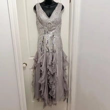 Vintage Beaded Sequin Evening Gown | Silver Grey Chiffon Ruffle Dress | Art Deco Inspired Formal Dress | Gatsby Style Maxi Dress