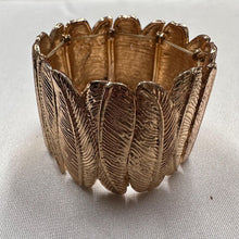 Vintage Feather Motif Stretch Bracelet / Gold Tone Statement Cuff / Textured Retro Jewelry