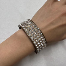 Vintage Rhinestone Metal Cuff Bangle / Wide Bronze Statement Bracelet / Glam Retro Jewelry