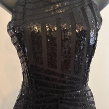 Black Sequin Halter Jumpsuit, Geometric Stripe Open Back Party Outfit (Size S)