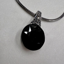 Vintage Black Crystal Pendant Necklace | Gunmetal Snake Chain Necklace | Gothic Minimalist Jewelry | Art Deco Statement Necklace