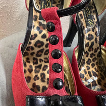 Red Suede Black Patent T-Strap Heels: Leopard Insole, Button Detail Pumps (Size 10)