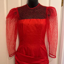 Vintage 1980s Red Mermaid Gown | Sheer Lace Sleeves, Ruched Formal Dress
