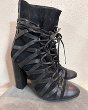 Black Lace-Up Block Heel Boots – Strappy Suede & Leather Look, Statement Ankle Boots