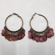 Vintage Shell Disc Hoop Earrings | Antique Brass Boho Festival Jewelry