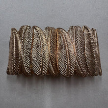 Vintage Feather Motif Stretch Bracelet / Gold Tone Statement Cuff / Textured Retro Jewelry