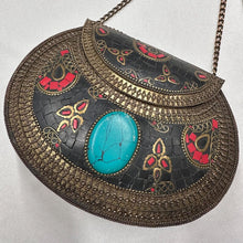Vintage Bohemian Metal Clutch Bag | Turquoise Style Stone Crossbody Purse | Tribal Mosaic Evening Bag