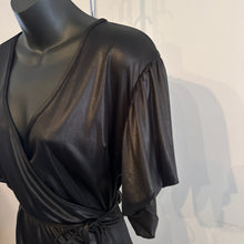 Liza Emanuele Black Wrap Dress, Satin-Like Finish, Batwing Sleeves, Asymmetric Hem (AUS 14)