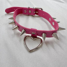 Vintage Pink Spiked Choker / Faux Leather Heart Choker / Punk Y2K Necklace / Harajuku Style / Statement Choker