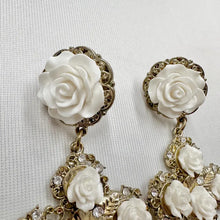 Vintage White Rose Cross Statement Earrings | Baroque Floral Rhinestone Drop Earrings | Gold Tone Romantic Gothic Jewel