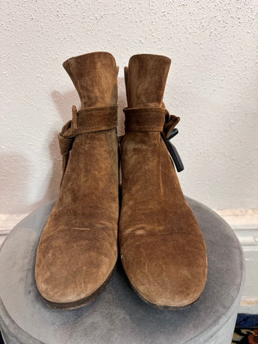Vintage Tan Suede Ankle Boots – Boho Block Heel Style