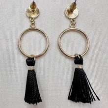 Vintage Gold Tone Hoop & Black Tassel Earrings | Minimalist Statement Dangle Earrings | Boho Tassel Drop Earrings