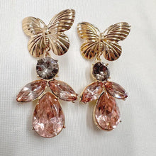Vintage Butterfly Crystal Statement Earrings | Gold Butterfly Drop Earrings | Pink Rhinestone Glam Earrings | Romantic Coquette Jewellery