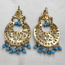 Vintage Gold & Turquoise Rhinestone Drop Earrings – Boho Crescent Dangle