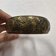 Vintage Engraved Brass Bangle / Floral Etched Statement Bracelet / Bohemian Retro Jewelry