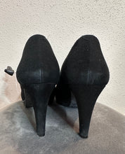 Vintage Black Suede Peep-Toe Heels with Statement Bow