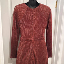 Burgundy Copper Sequin Formal Gown – Double Front Slit Long Sleeve Maxi Dress, Padded Cups & Back Zip, Shimmering Red Bronze Evening