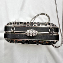 Witchery Black Silver Box Clutch Bag, Rhinestone Clasp Evening Purse, Metal Cage Chain Shoulder Bag, Y2K Party Handbag