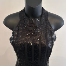 Black Sequin Halter Jumpsuit, Geometric Stripe Open Back Party Outfit (Size S)