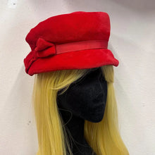 Vintage Red Velour Cloche Hat | Oversized Bow, Asymmetrical Brim, Plush Fabric (54cm)
