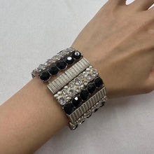Vintage Stretch Rhinestone Cuff Bracelet / Black & Silver Statement Bracelet / Glam Elastic Bangle