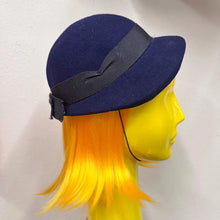 Vintage Navy Wool Felt Cloche Hat | Floral Appliqué, 1960s Style, Made England