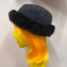 Vintage Charcoal Wool Blend Hat | Black Faux Fur Trim Winter Cap