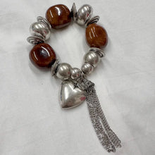 Vintage Stretch Charm Bracelet | Brown Ceramic Beads & Silver Tone Heart Tassel | Chunky Statement Jewelry