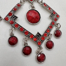 Statement Red Rhinestone Chandelier Earrings | Oversized Geometric Dangle Earrings | Silver Tone Gothic Boho Earrings