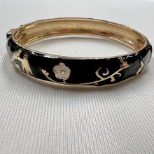 Vintage Black Enamel Floral Hinge Bangle | Gold-Tone Botanical Bracelet | Elegant Statement Jewelry