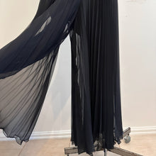 Mary Charmaine Black Pleated Jumpsuit, Embellished Waist, Sheer Wide Leg Trousers