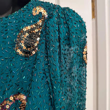 Vintage 80s Heavily Beaded Silk Gown Emerald Teal Sequin Cutout Prom Pageant Dress