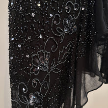 Vintage Black Beaded Sequin One Shoulder Maxi Dress, Silver Floral Embellished Evening Gown, Asymmetric Ruffle Hem, Statement Party Dress