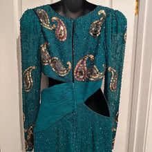 Vintage 80s Heavily Beaded Silk Gown Emerald Teal Sequin Cutout Prom Pageant Dress