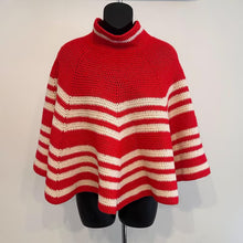 Vintage Red & Cream Striped Knit Cape | Retro Crochet Poncho | Statement Vintage Outerwear