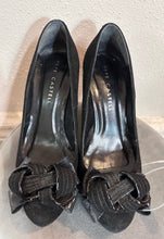 Vintage Black Suede Peep-Toe Heels with Statement Bow