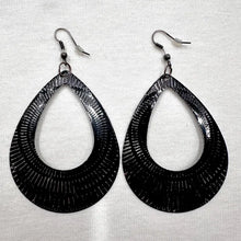 Black Textured Teardrop Statement Earrings – Glossy Sculptural Drop Hoops