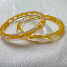 Vintage Yellow Floral Clear Acrylic Bangle Set | Set of 2 Retro Lucite Style Bracelets | 70s Statement Jewelry