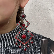 Statement Red Rhinestone Chandelier Earrings | Oversized Geometric Dangle Earrings | Silver Tone Gothic Boho Earrings