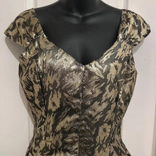 Vintage 1950s Metallic Brocade Fit and Flare Dress | Gold Black Jacquard Party Formal Occasion