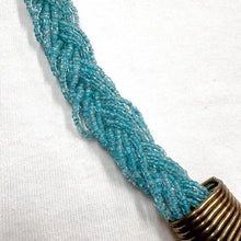 Vintage Turquoise Beaded Statement Necklace – Braided Aqua Glass, Gold-Tone Centre Pieces