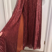 Burgundy Copper Sequin Formal Gown – Double Front Slit Long Sleeve Maxi Dress, Padded Cups & Back Zip, Shimmering Red Bronze Evening