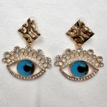 Evil Eye Crystal Statement Drop Earrings – Blue Glass Cabochon