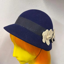 Vintage Navy Wool Felt Cloche Hat | Floral Appliqué, 1960s Style, Made England