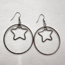 Silver Star Hoop Drop Earrings – Minimal Celestial Circle Statement